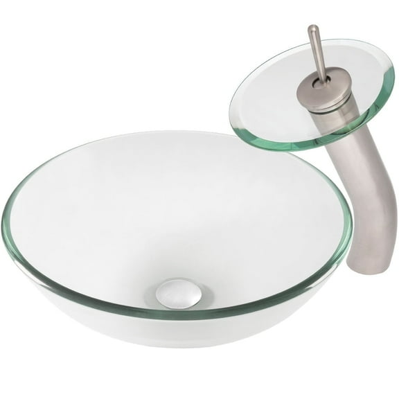 Novatto NSFC-8048001BNC Clear Glass Vessel Sink Combo Set w/ Faucet, Drain and Mounting Ring in Brushed Nickel