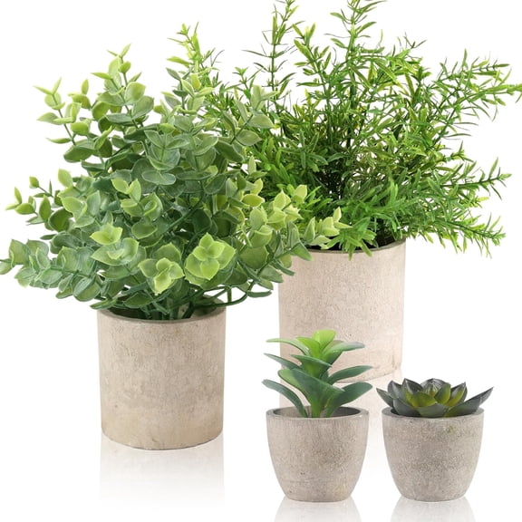 4 Pack Small Fake Plants, 10" Artificial Plants Indoor Eucalyptus/Rosemary/Succulents, Small Faux Plants in Pulp Pot,for Farmhouse Decor, for Bathroom Bedroom Kitchen Office Living Room Decor