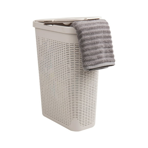 Mind Reader 40L Slim Laundry Hamper, Clothes Basket, Lid, Wicker Design, Plastic, 18"L x 10.4"W x 23.5"H, Ivory