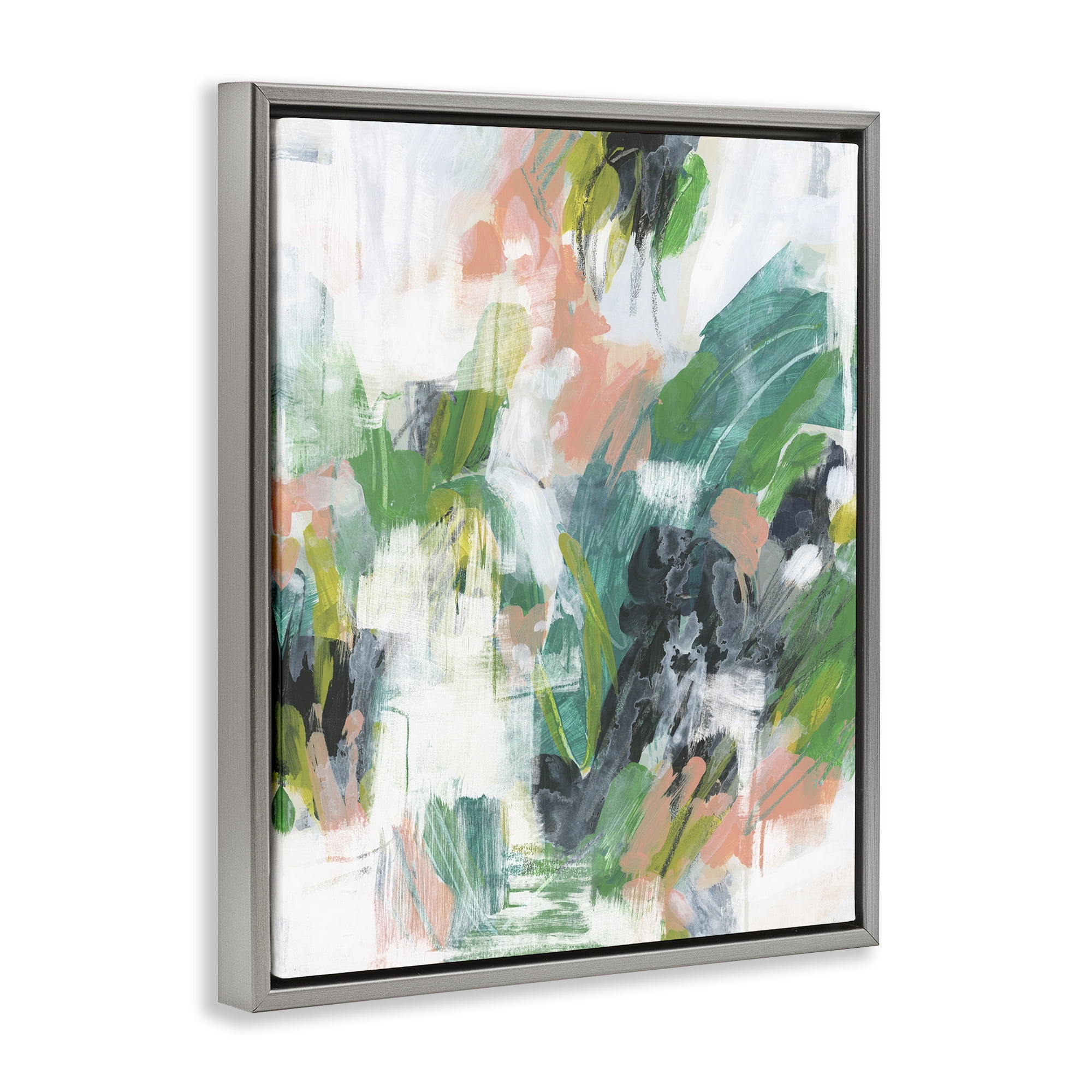 Stupell Industries Chaotic Green Paint Strokes Abstract Painting Gray Floater Framed Canvas Art Print Wall Art, 25 x 31