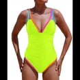 thumbnail image 3 of Traje de Baño de una Pieza para Mujer 2025 con Control de Abdomen, Diseño de Bloques de Color Neón, Cuello en V Profundo y Adelgazante Amarillo Limón XL, 3 of 8
