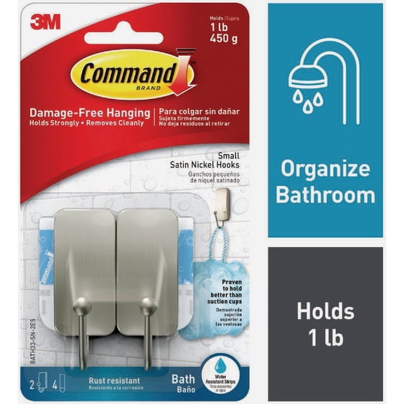 Command BATH33-SN-ES Bath Hooks, Satin Nickel, 4 Count