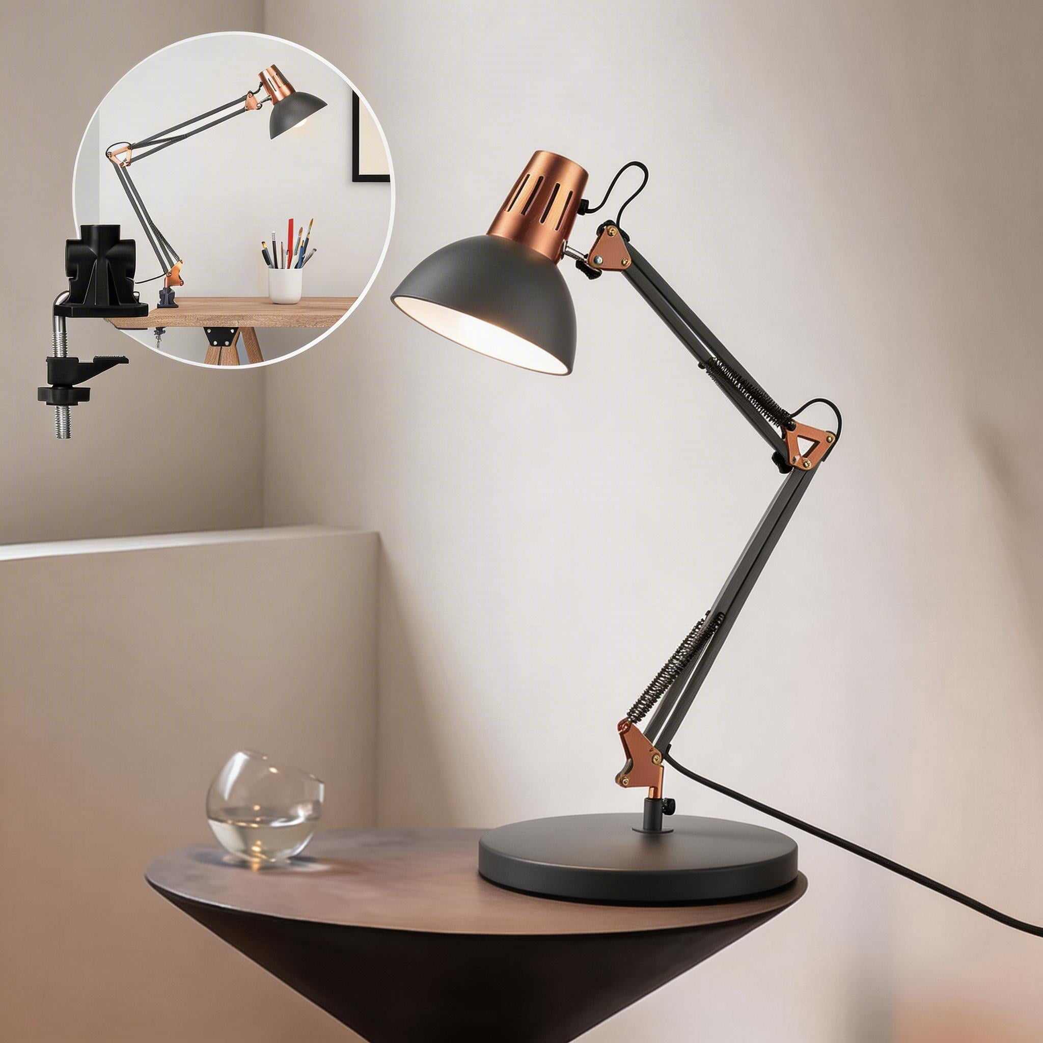 2-in-1 Industrial Swing Arm Clamp-On Desk Lamp, Adjustable Metal Task Light,Architect Drafting table Lamp for Home Office, Study, Workbench(No Bulbs)