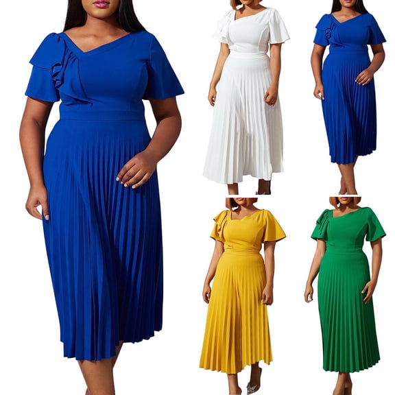 safuny Women's Plus Size Knee Length Pleated Dress Solid Color Winter Short Sleeve Autumn Dresses V Neck Elegant Casual Ruffle Hem Holiday Trendy Blue S