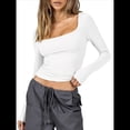 thumbnail image 1 of Tops Cortos de Algodón para Mujer, Camisetas de Larga con Cuello Cuadrado, Camisetas Y2K de Corte Entallado, Ropa de Moda para Salir de Otoño L, 1 of 9