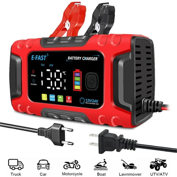 10A E-FAST Smart Battery Charger for Lifepo4/Lead Acid 12V/24V, Car/Truck/AGM/Boat Battery Maintainer with Temp Compensation & Desulfator.
