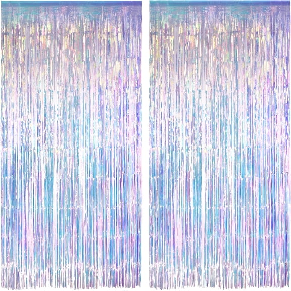 CCOCC Iridescent Party Streamers Backdrop - Neon Transparent Holographic Tinsel Foil Fringe Curtain for Mermaid/Frozen/Sea/Euphoria/ERAS Party Theme Decorations 3.2ft x 6.5ft 2 PCS