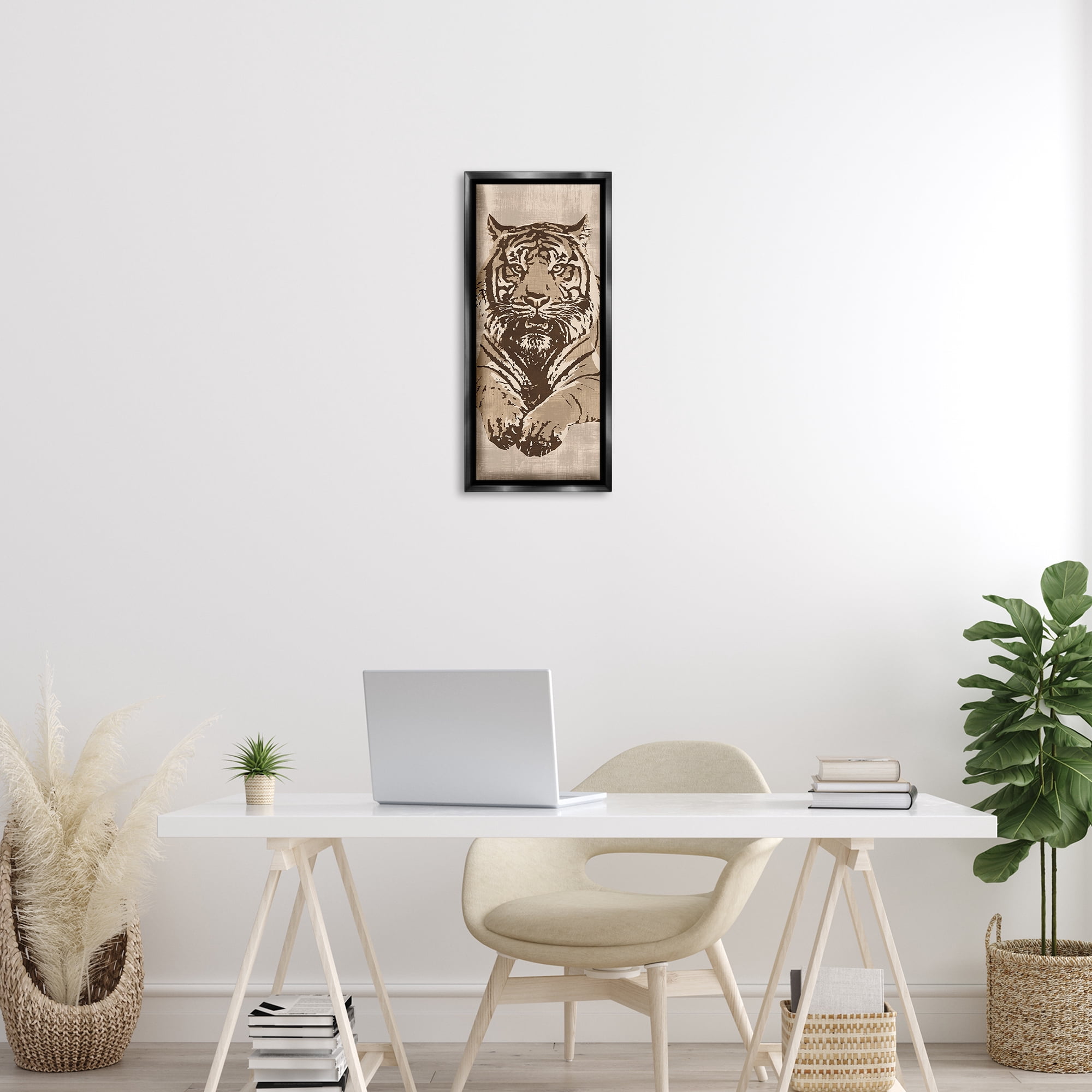 Stupell Industries Fierce Tiger Baring Teeth Animals Painting Black Floater Framed Canvas Art Print Wall Art, 11 x 25