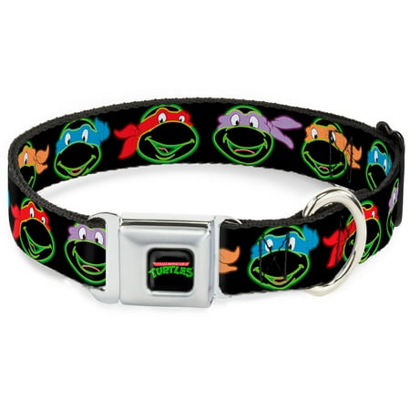 Nickelodeon Pet Collar Dog Collar Metal Seatbelt Buckle Ninja Turtles Electric Expressions Black Multi Neon 20 to 31 Inches 1.5 Inch Wide