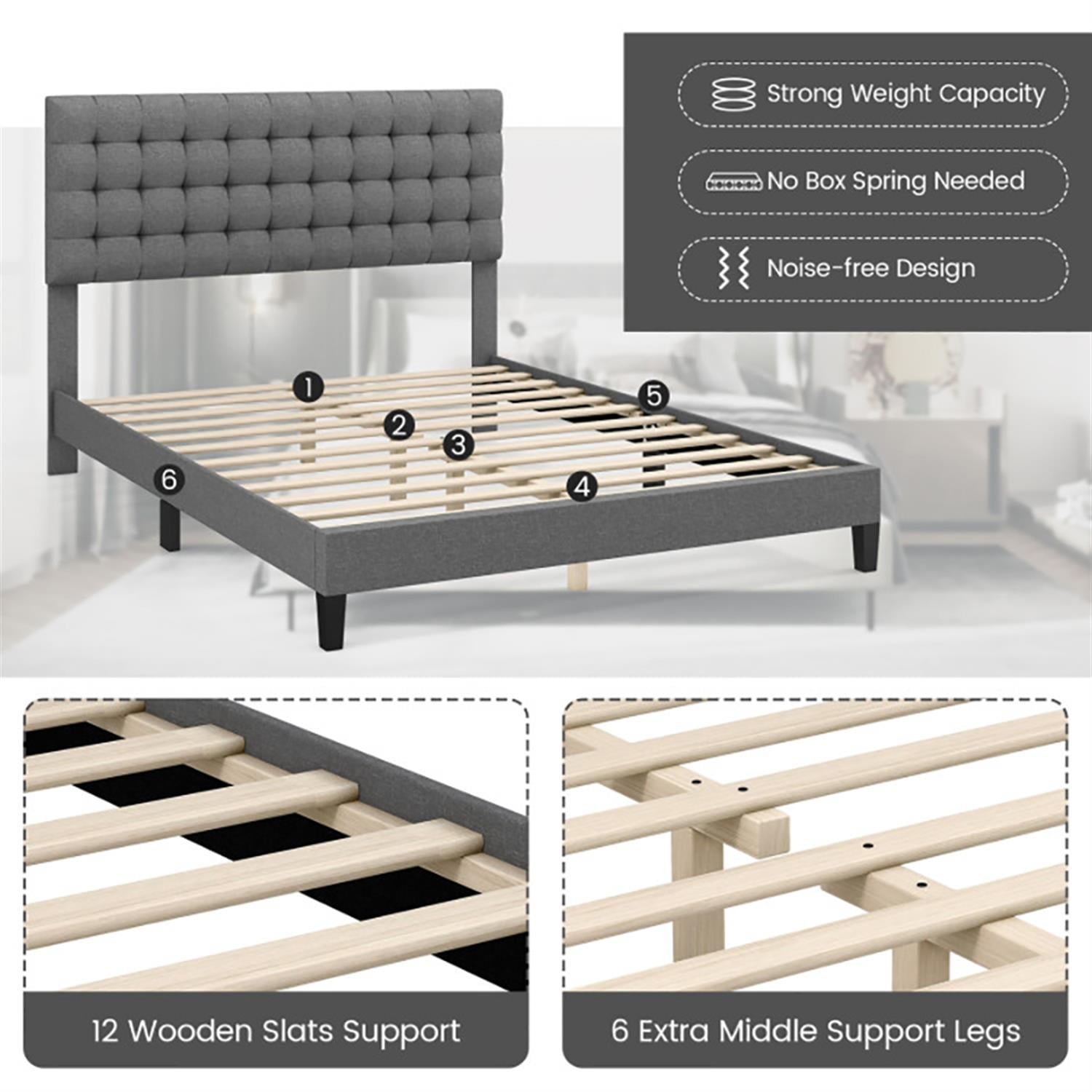 Demi Bonn Queen Size Upholstered Platform Bed Frame with Square Stitched Headboard and Wooden Slats Support, Fully Upholstered Mattress Foundation, Gray