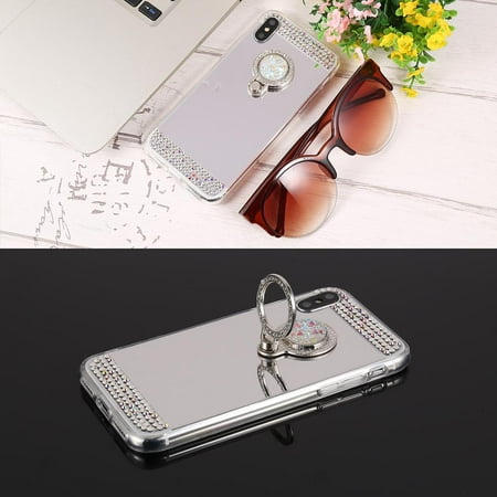 New Mirror Phone Big Clearance!Rhinestone Electroplating Mirror Back Slim Soft Mobile Cell Phone Case Cover with Ring Stand for iPhone 6/6s/6P/7/7s/7P/X GOGBY ()