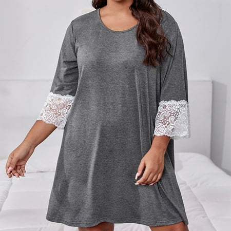 

QIFEI Pajamas Dress for Women 3/4 Sleeve Round Neck Sleepwear Casual Lace Gray 3XL