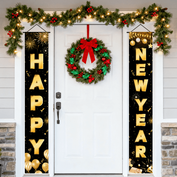 2026 Happy New Year 2-Piece Door Banner Set (70.8x11.8 Inch) | Black & Gold Porch Door Sign for New Year’s Eve, Doorway & Yard Decor