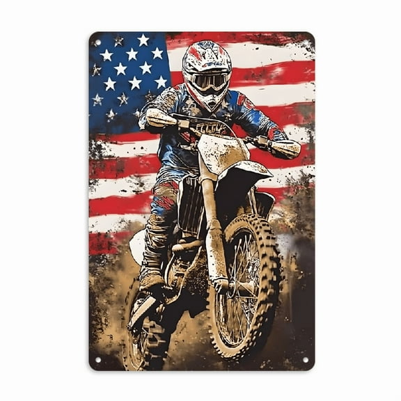 Dirt Bike Racing Motocross Racing American Flag Sign Metal Tin Signs, Racing Motocross Poster for Home_Office_Garages_Bedroom_Cafes Bars Pub_Man Cave Wall Decor Plaque Sign 12x8 Inch