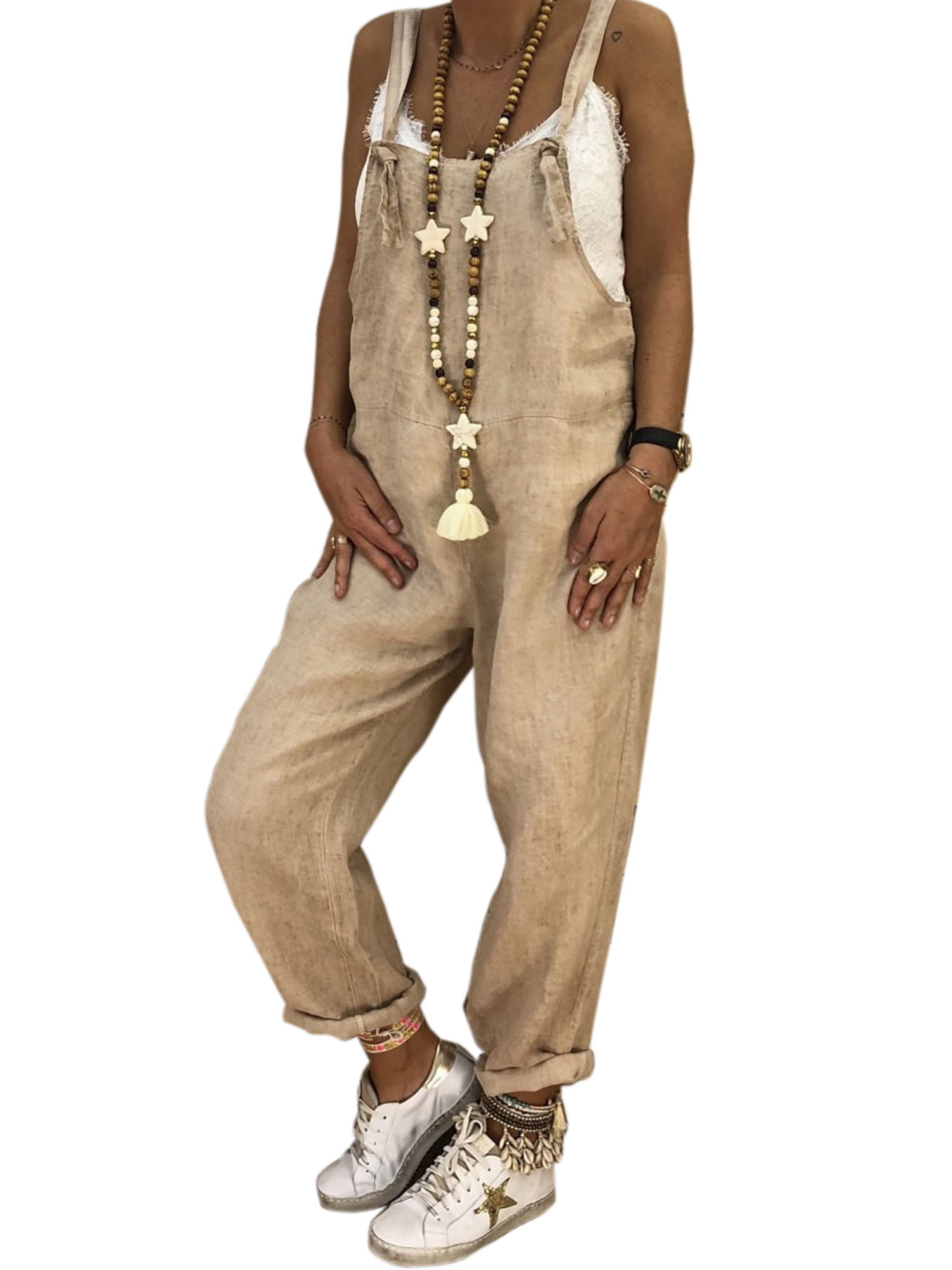 khaki linen dungarees