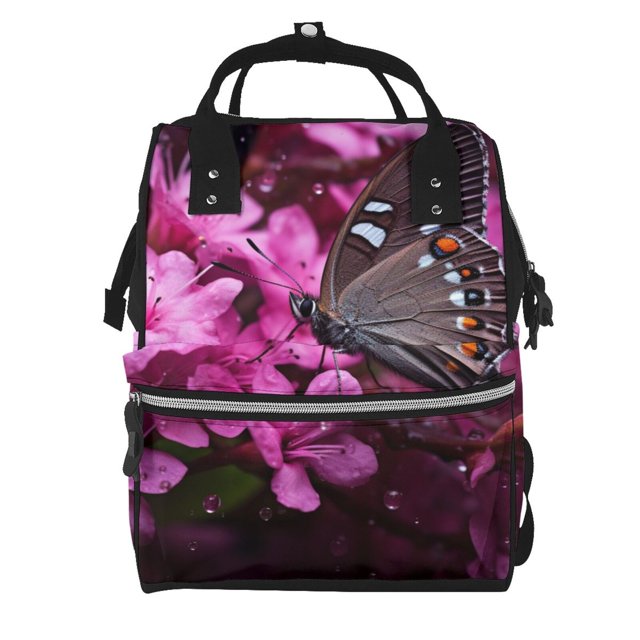 Fotbe Pink Blossoms Butterfly Mochila Maternidad - Lona de Sarga Impermeable, Mochila de Pañales de Gran Capacidad con Múltiples Bolsillos y Correas Ajustables