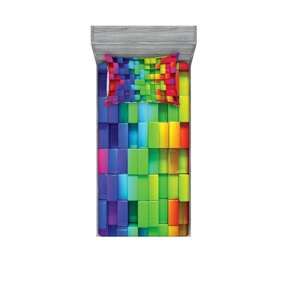 Ambesonne Geometric Fitted Sheet & Pillow Sham Set, Rainbow Color, Twin, Multicolor