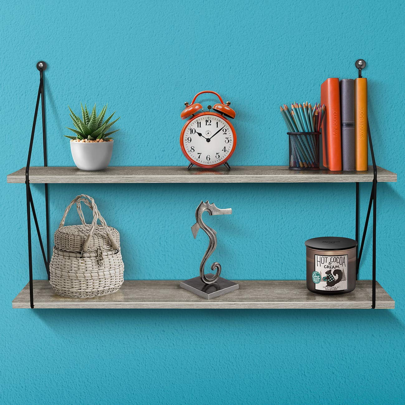 Sorbus Floating Shelf with Metal Brackets, 24"L x 6" W x 16" H Wall Mounted Rustic Wood Wall Storage