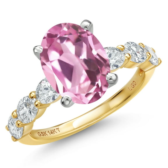 Gem Stone King 14K Two Tone Gold Light Pink Created Sapphire and Lab Grown Diamond Engagement Ring for Women | 5.40 Cttw | Oval 11X9MM | Gemstone September Birthstone (Size 9)