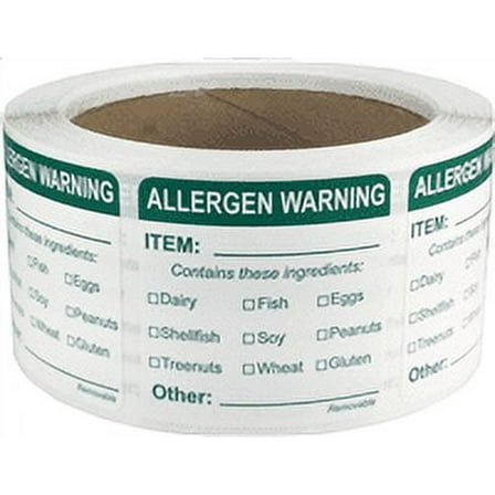 General Food Allergen Allergy Warning Removable Stickers, 2 Inches Square, 500 Labels on a Roll