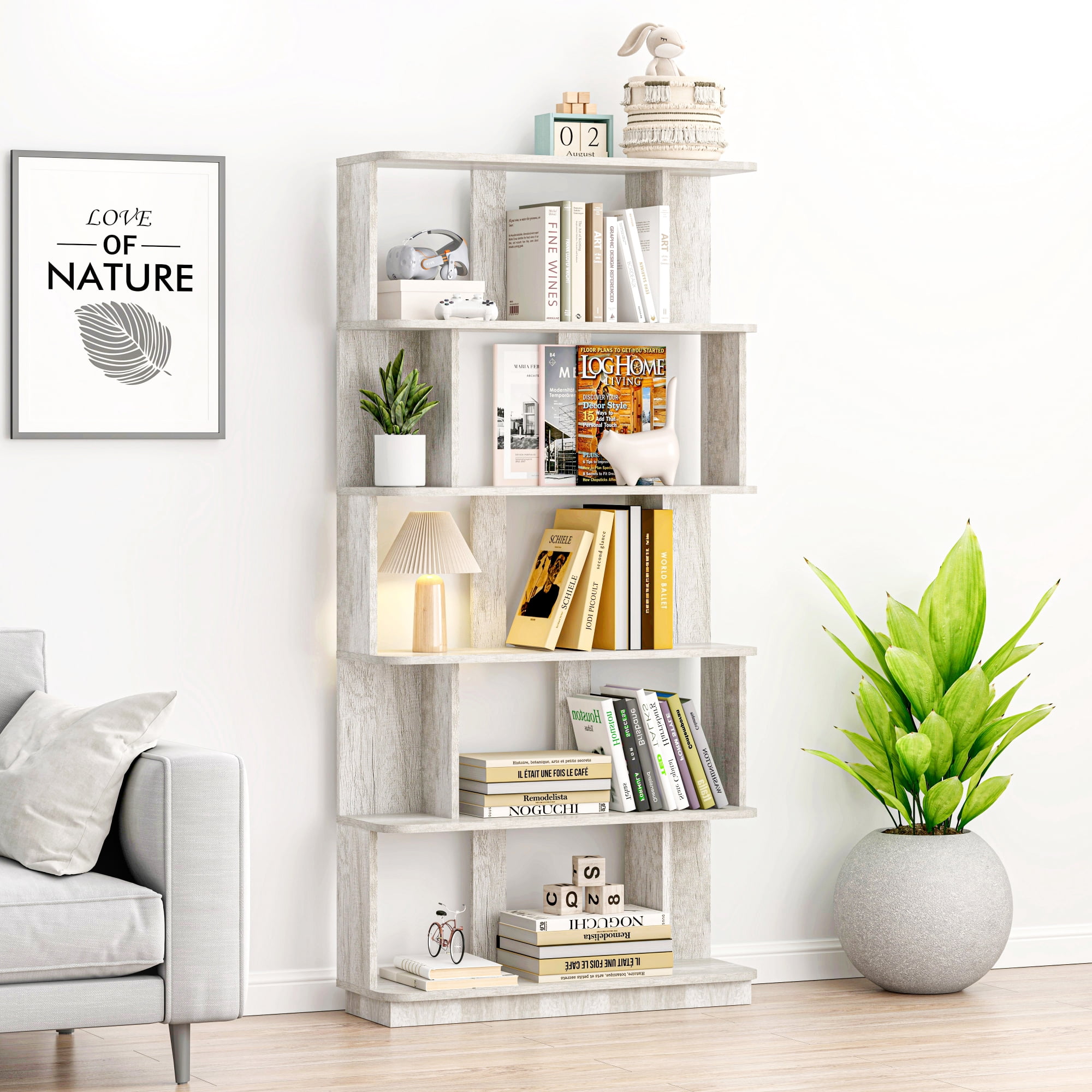 Leumius 5 Tier Open Storage Bookcase,Free Combination Bookshelf,Wood Display Shelving for Living Room Home Office Bedroom Decor Organizer,31.5" L x 64.56" H,Light Gray
