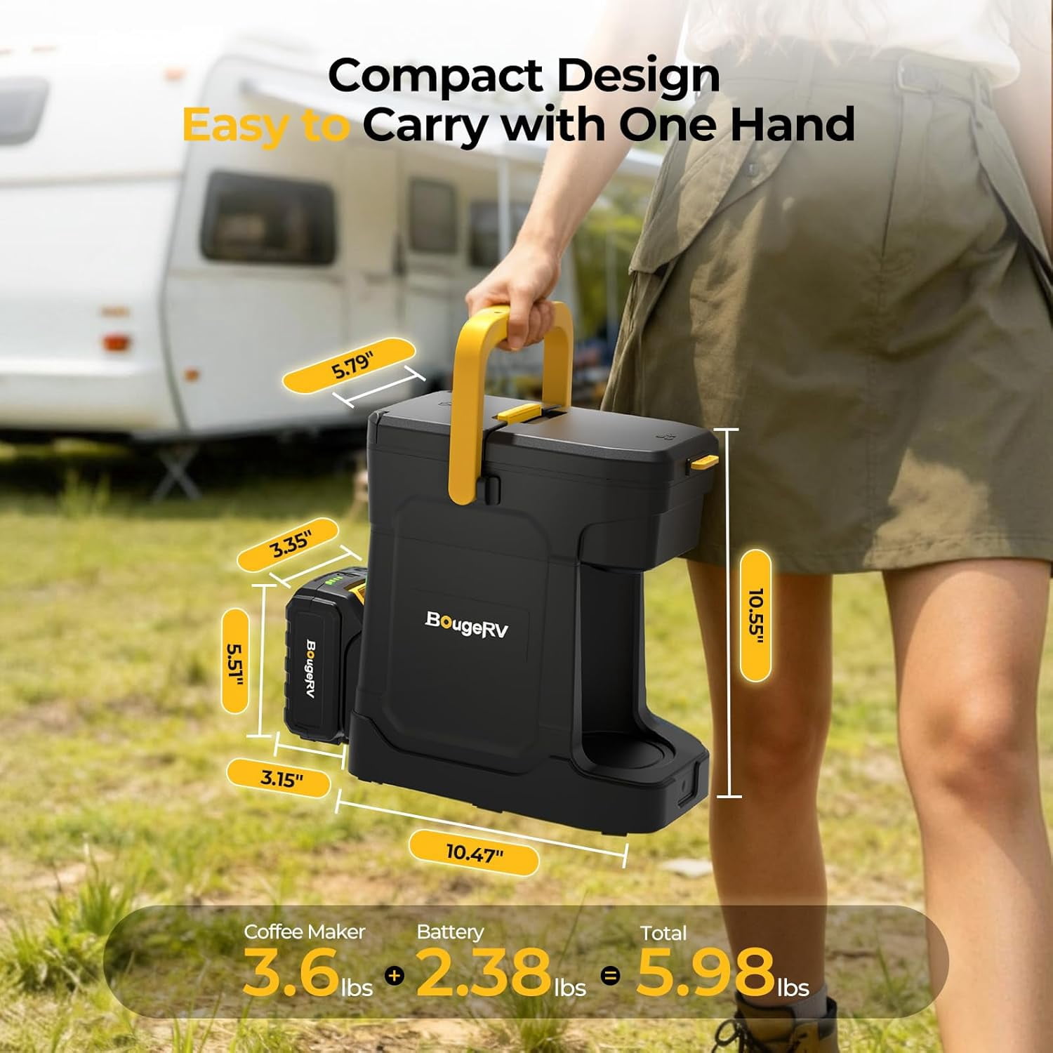 BougeRV Coffee Machine w/ 18V 8Ah Battery Powered Compatible with K Cup Coffee Pods & Ground Cordless Coffee Maker for Travel Camping Outdoor Worker Home