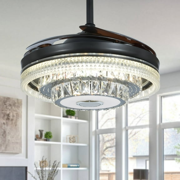 LUOLAX 42" Silver Smart Crystal Fan Light - Bluetooth-Controlled Ceiling Fan Color-Changing LED & Remote, 5000 CFM, for Large Rooms
