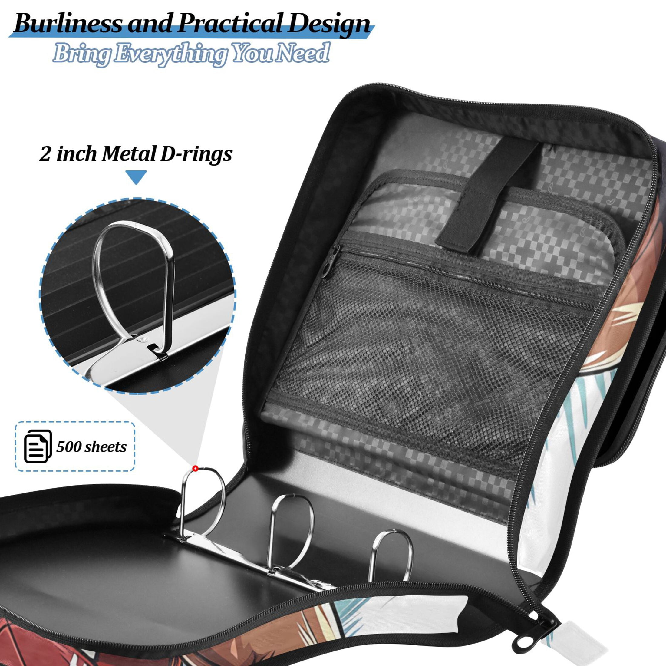 3 Ring Zipper Binder with Shoulder Strap Waterproof Trapper Keeper 2 Inch D-Ring 500 Sheets Capacity Cartoon American Football Player