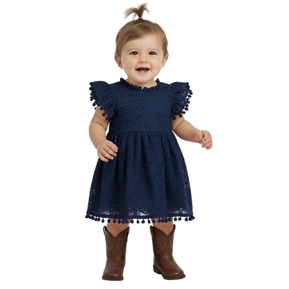 2Bunnies Baby & Toddler Girls’ Vintage Lace Pom Pom Trim Flutter Sleeve Party Dress