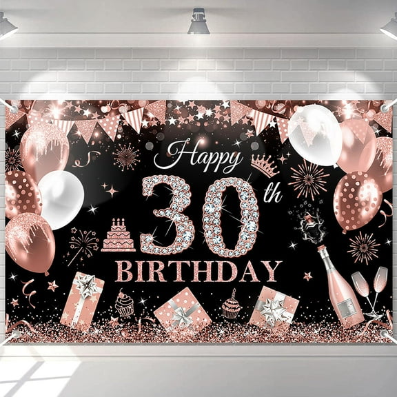 Happy 30th Birthday Banner for Women Black and Rose Gold Glitter Balloon 30 Birthday Party Backdrop 30 Year Old Bday Photography Background Party Supplies