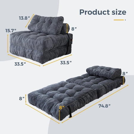 Folding Sofa Bed, Convertible Chair with Pillow Foldable Couch with Back Support, Portable Fold Out Chair Bed Floor Sofa Lounge for Living Room Bedroom, Dark Grey, Single