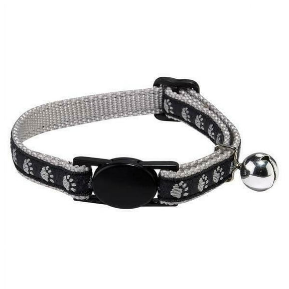 Two Tone Pawprint Cat Collar Jingle Bell Nylon Ribbon Fits 8" - 12" Choose Color (Black)