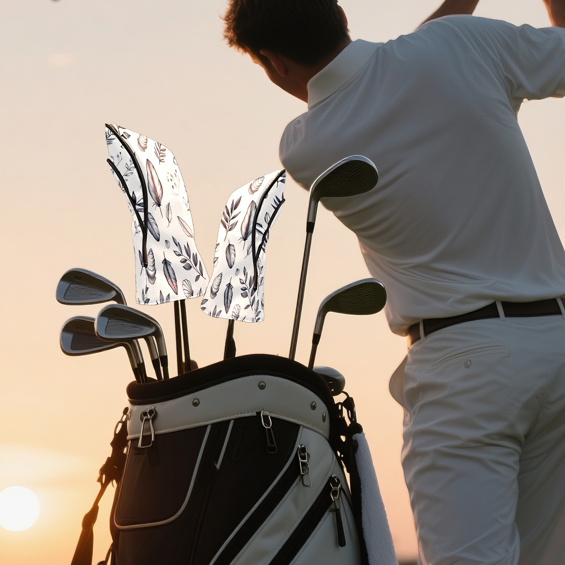Golf Club Covers, White Leaf Premium PU Leather Driver Hybrid Putter Head Covers with Velvet Lining, Waterproof Golf Gifts for Men Women