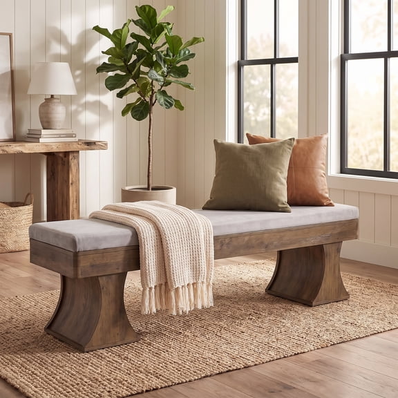 Fnova Upholstered Dining Bench with Curved Pedestal Legs, Padded Seat Bench for Entryway Bedroom Living Room