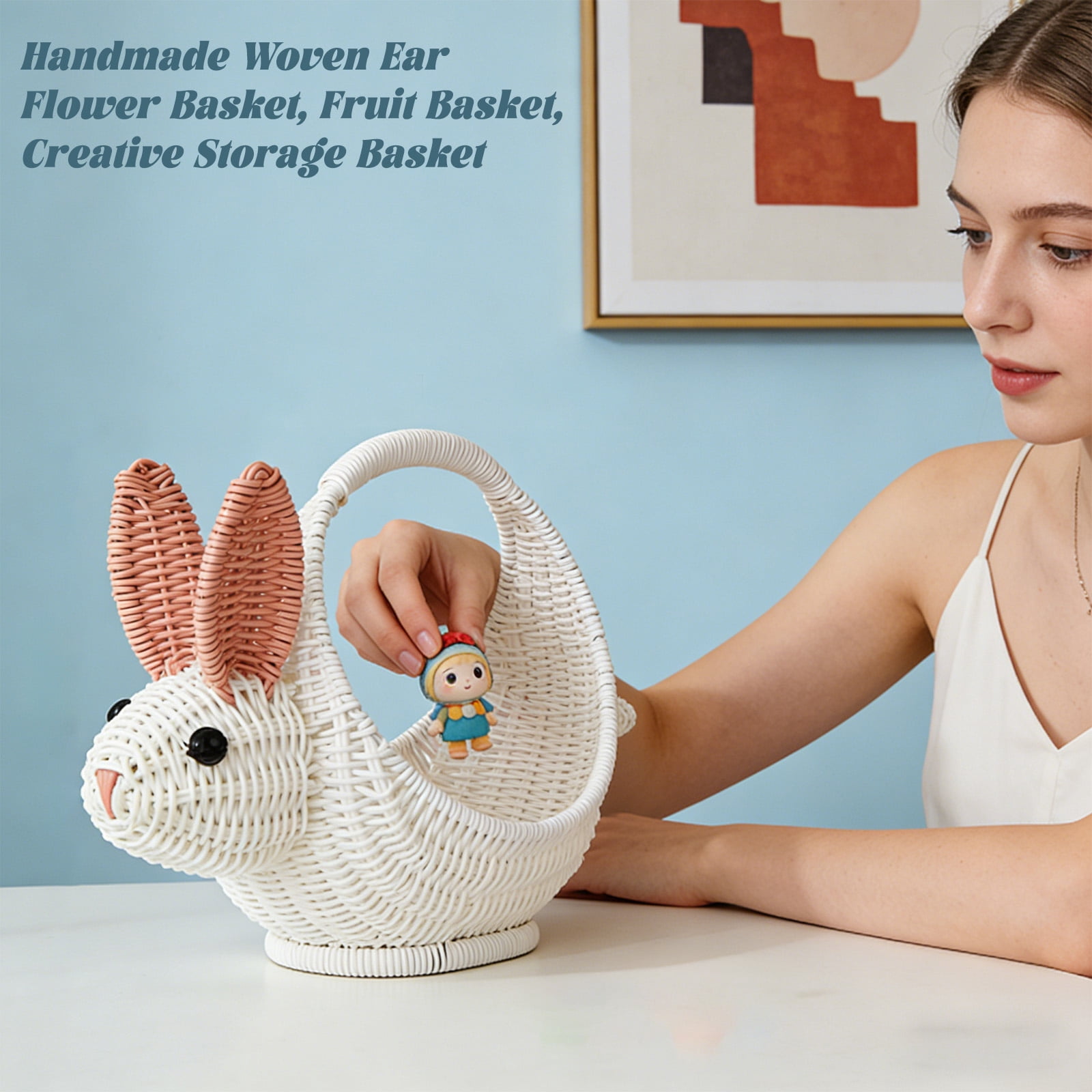 Handwoven Rabbit Ear Basket, Farmhouse Decor Easter Spring Flower Fruit Basket, Home Organization Storage Bin with Handles, Cottagecore Decor, 1*Storage Basket