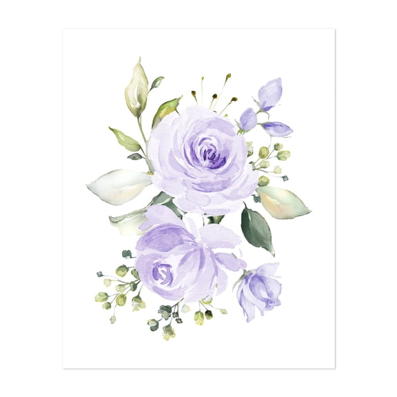 Purple Flowers, Watercolor Flowers, Purple Roses, Greenery, Gender Neutral Nursery - Illustration Unframed Wall Art Print 6 x 8 inches