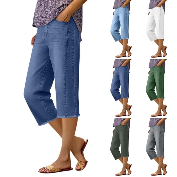 Yuanlook Women's Mid Rise Straight Leg Frayed Raw Hem Denim Capri Jeans, Classic Multi Pockets Casual Summer Cropped Denim Trousers S-XXL