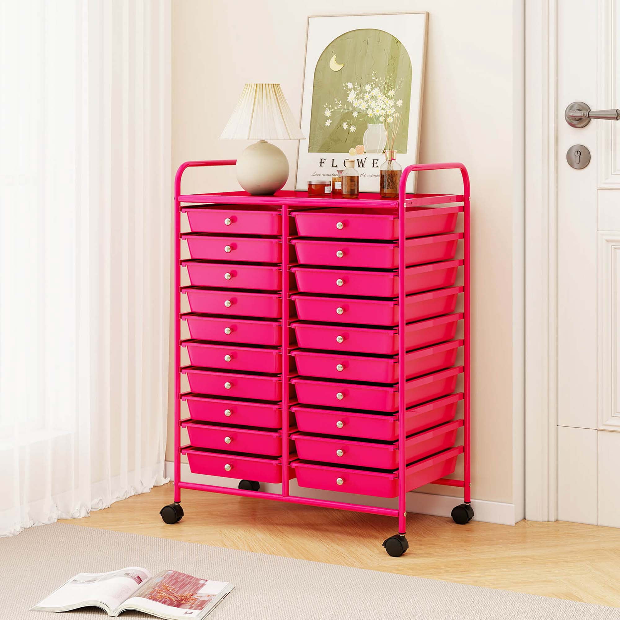 Costway 20 Drawers Rolling Storage Cart Art Craft Organizer on Wheels Multipurpose Hot Pink