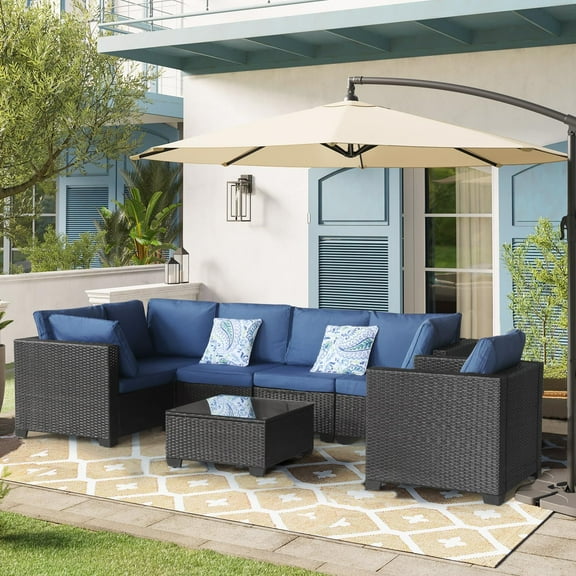 AENKYO 7 Pieces Outdoor Patio Furniture Sets,Balcony Furniture,PE Wicker Conversation Sectional Set with Coffee Table, for Backyard, Porch, Garden,Poolside,Blue