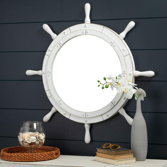 Nagina International Classic White Santorini Beautiful Nautical Sturdy Large Mirror Ship Wheel | Wall Mounted Mirrors (30 Inches)
