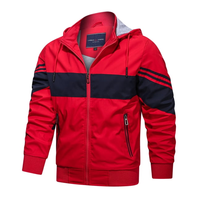 Qertyioot Men's Contrasting Color Hooded Zipper Casual Warm Windproof Pocket Motorcycle Jacket