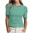 thumbnail image 2 of GaThRRgYP Womens Tops Summer,Women Summer Striped T Shirt Short Sleeve Puff Sleeve Crewneck Blouse Casual Klim Color Block Trendy Crewneck Striped Shirts Tops Green XXL, 2 of 8
