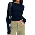 thumbnail image 2 of Linfrsh Womens Long Sleeve Shirts Basic Spring Crop Tops Fall Fashion Layering Slim Fitted Y2k Tops Dark Blue,S, 2 of 5