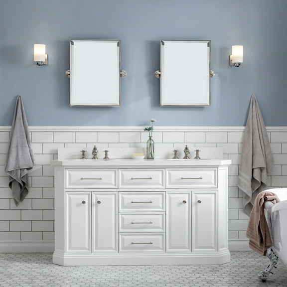 Water Creation Palace 60" Wood Double Bathroom Vanity in White & Nickel