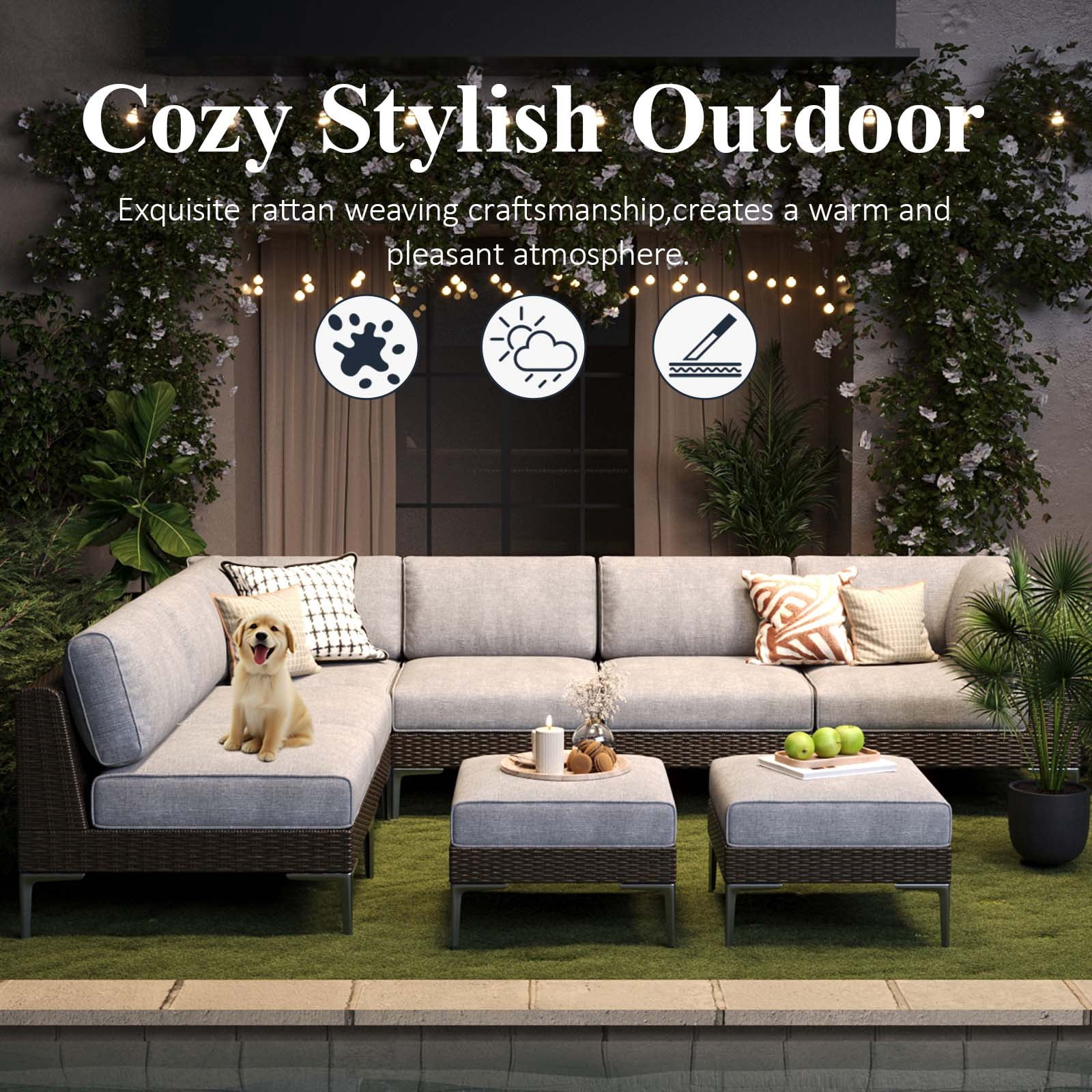 LayinSun 9-Piece Wicker Rattan Patio Furniture Set, Deep Seating Outdoor Modular Sectional Sofa Conversation Set with Thick Cushions for Lawn, Garden