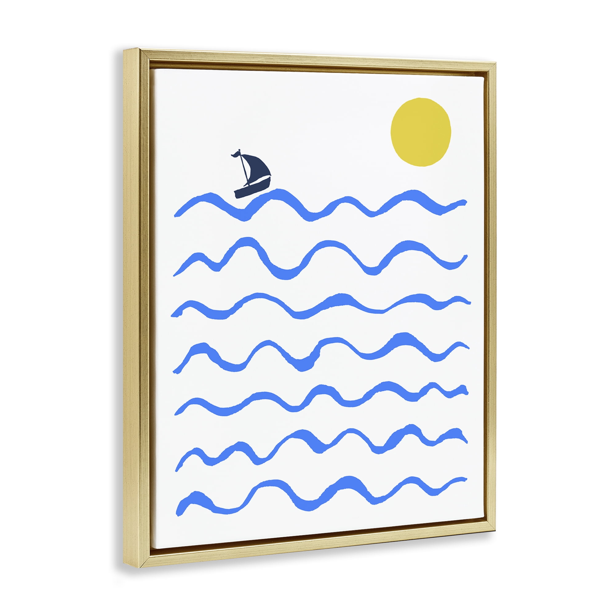 Stupell Industries Blue Waves & Sailboat Doodle Nautical & Beach Painting Gold Floater Framed Canvas Art Print Wall Art, 17 x 21