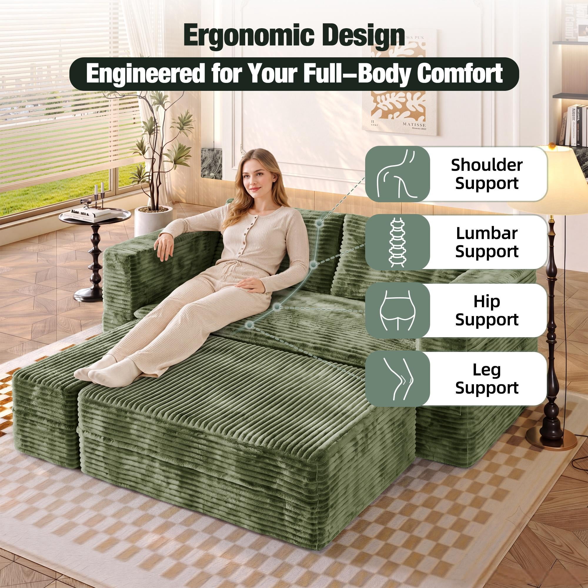 HOQBN 80" King Size Sleeper Sofa Bed, Plush Corduroy Deep Seat Sofa Couch with Independent Chaise and Functional Blanket for Living Room, Bedroom Green