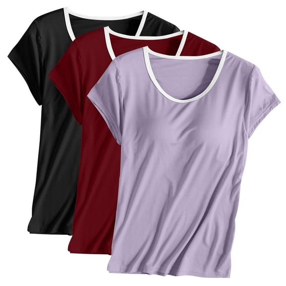 Wiyuqeen 3 Pack Womens Plus Size T Shirts with Built in Bra Fall Summer Short Sleeve Tees Petite Padded Pajamas Casual Yoga Athletic Tops