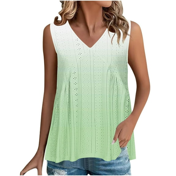 fatyb Summer Women's Tank Tops V Neck Eyelet Embroidery Shirts Casual Sleeveless Loose Blouses