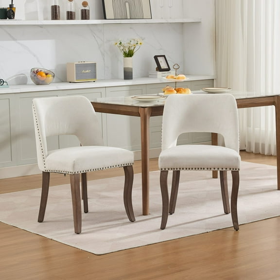 Wooden Dining Chairs Set of 2, Modern Upholstered Fabric Kitchen Chairs with Curved Backrest & Solid Rubberwood Legs, Farmhouse Beige Dining Room Chairs for Kitchen Table, 2-Pack